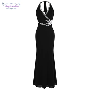 Angel-fashions Черные вечерние платья с бисером на бретелях, Длинное вечернее платье 474 484