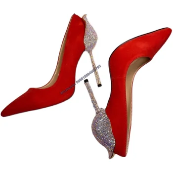 Красные Серебряные туфли-лодочки с украшением в виде кристаллов, Туфли-лодочки на высоком каблуке, без застежки, Туфли-лодочки на шпильке, Шелковые женские туфли, Модная блестящая обувь для женщин