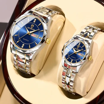 Sdotter BINBOND Парные часы 2023 Новые кварцевые наручные часы для мужчин Женщин Дата Неделя Водонепроницаемые часы для любителей моды из нержавеющей стали