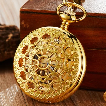 Золотые механические карманные часы с римскими цифрами на циферблате, золотой цветок, скелетный завод, откидные часы, мужские часы с цепочкой-брелоком, подарочная коробка