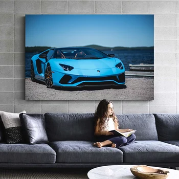 Суперкар Синий Aventador, Морской пейзаж, Спортивный автомобиль, Плакаты и принты на холсте, картины для декора гостиной