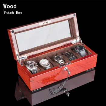 5 слотов, деревянный футляр для часов, Коробка для хранения, Красная коробка для часов, органайзер с замком, Деревянный дисплей для часов, подарочная коробка для ювелирных изделий