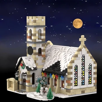 MOC Winter Country Church Street View Architecture, набор строительных блоков, Рождественская тема, Снежный дом, кирпичные игрушки для детского подарка