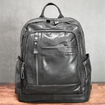 Простая повседневная дизайнерская мужская черная школьная сумка для ноутбука из натуральной кожи, рюкзак для путешествий на открытом воздухе большой емкости из натуральной воловьей кожи