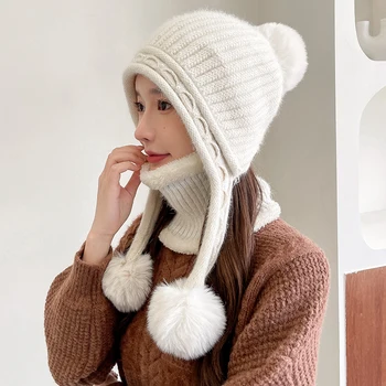 Новая зимняя женская вязаная шапка шарф 2 шт. Комплект мода шерсть шляпа ошейники утолщение женский теплая шапка шарф набор снежные шапки