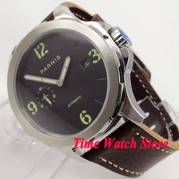 Parnis 44mm big face 5ATM ST2555 автоматические мужские часы с черным циферблатом, окошком даты, светящаяся задняя прозрачная водонепроницаемая