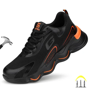 Новая брендовая мужская черная защитная обувь, неразрушаемые рабочие ботинки со стальным носком, устойчивые к проколам, нескользящие ботинки на платформе для мужчин