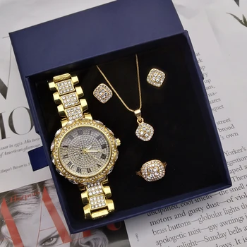 Модные женские Роскошные часы с бриллиантами, Женские кварцевые часы с кристаллами, Сверкающие ювелирные изделия из Циркона, ожерелье, Серьги, кольцо, 4 шт. с коробкой