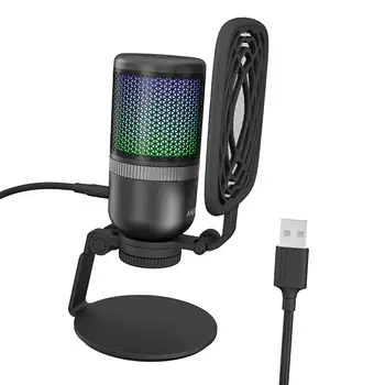 USB-микрофон с регулируемым углом наклона 90 градусов, Управление звуком, красочная RGB подсветка, подключи и играй Студийный и компьютерный конденсаторный микрофон