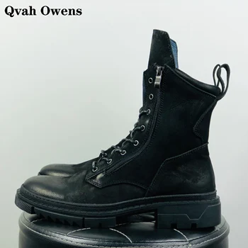 Qvah Owens/ Мужские повседневные ботинки; Роскошные кроссовки из натуральной кожи; Кроссовки для верховой езды на шнуровке; Уличные осенние туфли на плоской подошве на молнии; черные туфли на плоской подошве;