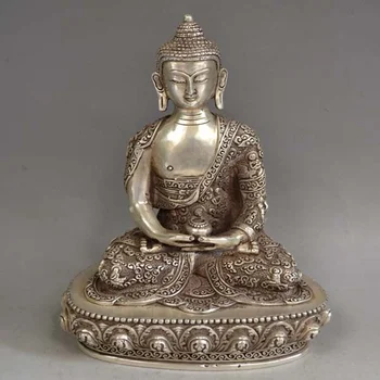 Изысканная китайская Старинная тибетская серебряная статуя Будды Буддизма Шакьямуни из металла ручной работы
