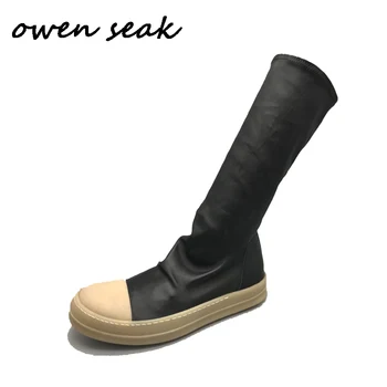 Owen Seak/Мужская Обувь; Сапоги до колена из овечьей кожи; Роскошные Кроссовки; Зимние Ботинки; Повседневная Мужская обувь на плоской подошве; Черные Кроссовки Большого Размера