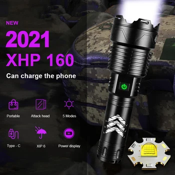 9000LM XHP160 Мощный светодиодный фонарик 18650 Супер яркий тактический фонарик USB Перезаряжаемый ручной фонарь высокой мощности