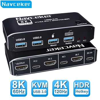 Navceker 8K KVM-переключатель, совместимый с HDMI, 2K 144 Гц, 2 Порта HDMI KVM Switcher Box USB для 2 ПК, общий доступ к 1 Монитору, Клавиатуре, Мыши, Принтеру