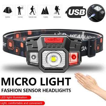 Мини Светодиодный налобный фонарь с датчиком движения тела, USB Перезаряжаемая Фара, фонарь для кемпинга, головной светильник