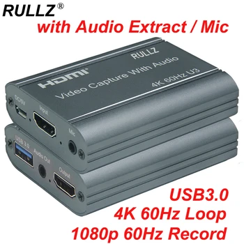 Карта видеозахвата 4K 60Hz U3 HDMI-USB 3.0 с аудиовыходом Микрофон в формате FULL HD 1080p 60 кадров в секунду Камера для записи игр Прямая трансляция на ПК