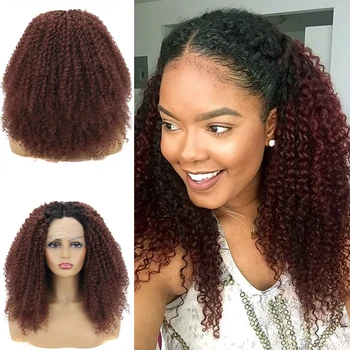 Кстати, Красновато-коричневый Афро-кудрявый парик Омбре для женщин, Синтетические парики на кружеве, Темно-шоколадно-коричневый кудрявый Афро-парик для косплея