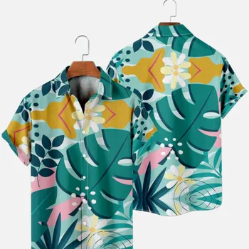 Гавайская мужская рубашка в стиле ретро, Летние Каникулы, Негабаритный Геометрический Принт, Модная Повседневная Однобортная Пляжная одежда с короткими рукавами