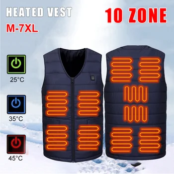 Мужской Электрообогревающий жилет с 10 зонами обогрева, зимний тепловой жилет с подогревом, куртка без рукавов с 3 температурами, зимнее теплое пальто M-7XL