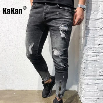 Kakan - Новый европейский и американский тренд, потертые мужские джинсы с узкими штанинами, черные джинсы-стрейч на молнии K45-NK52