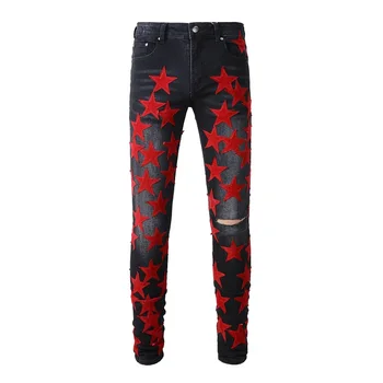Новое поступление, мужская черная облегающая уличная одежда, модные потертые обтягивающие джинсы, Красные звезды, Кожаные звезды, рваные джинсы в стиле пэчворк