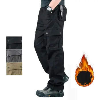 Зимние мужские Флисовые брюки-карго, Повседневные военные тактические брюки с множеством карманов, Мужская верхняя одежда, Армейские Прямые брюки, Длинные брюки