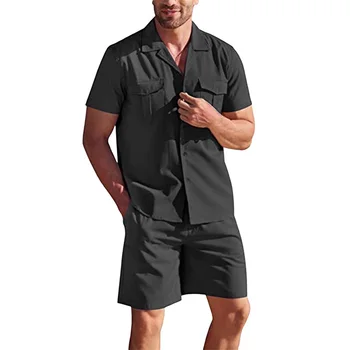 Комплект мужских шорт, летняя одежда из 2 предметов, рубашка на пуговицах с коротким рукавом и шорты в тон, уличная одежда, костюм для отдыха