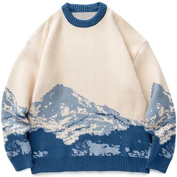 Мужская уличная одежда в стиле хип-хоп, свитер Harajuku, Винтажный японский стиль, Снежная гора, Вязаный свитер, Зимний Повседневный Пуловер, Трикотаж