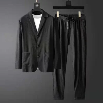 Весенне-осенние плиссированные комплекты, мужской модный повседневный однотонный блейзер с длинным рукавом и брюки, мужские костюмы из двух предметов, Корейская свободная одежда