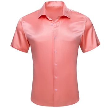 Модные Шелковые мужские рубашки кораллового, красного, розового цвета, однотонная атласная мужская деловая повседневная мужская одежда, топы, блузка Colorfast Barry Wang