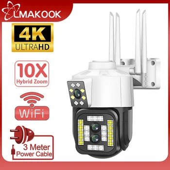 LMAKOOK 4K 8MP Тройной объектив, двойной экран, WiFi PTZ IP-камера, Оптический Зум, Автоматическое отслеживание Цвета, Камера ночного видения, Наружная камера безопасности