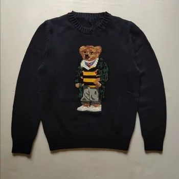 2022 новый свитер с круглым вырезом и вышивкой медведя в стиле RL, повседневный свитер homme, осенне-зимняя одежда, мужские топы с длинными рукавами
