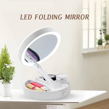 Складное светодиодное зеркало для макияжа с подсветкой, двустороннее зеркало, портативные инструменты для макияжа, USB, 10-кратное увеличение настольного зеркала