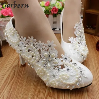 Sorbern, Элегантные свадебные туфли с кружевом и жемчугом, туфли-лодочки на высоком каблуке, кристаллы, Роскошные женские свадебные туфли с цветами на высоком каблуке с круглым носком