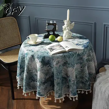 Круглая скатерть из американского хлопка и льна с цветочным рисунком, Белая скатерть с кисточками, Украшение домашнего обеденного стола