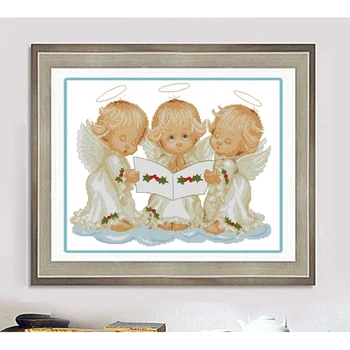 Amishop Высококачественный Набор для вышивания крестиком, почти идеальный, 3 Маленьких Ангела, Музыка Рождественского Хора Ангелов
