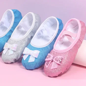 Блестящие Розово-голубые балетки с бантом для девочек, детская танцевальная обувь на плоской подошве с блестками
