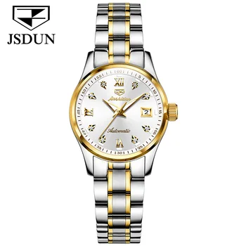 JSDUN Автоматические механические часы для женщин, золотые часы, Оригинальный роскошный бренд, женские наручные часы с бриллиантами, Водонепроницаемые часы из нержавеющей Стали