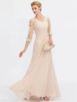 Элегантное платье для матери невесты с прозрачным V-образным вырезом, длина до пола, шифон, полупрозрачный кружевной рукав до половины с аппликациями 파티드레스