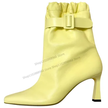 Желтые Ботинки из матовой кожи с эластичным Поясом, Украшенные Пряжкой, Женская обувь на высоком Каблуке, Без Застежки, С Острым Носком, 2023, Пикантные Zapatos Para Mujere