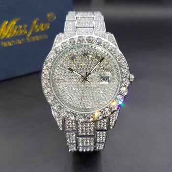 Роскошные мужские часы Bling Bling Кварцевые часы с большим бриллиантом Мужские хип-хоп Рок Стильные водонепроницаемые наручные часы с Календарем Бесплатная доставка