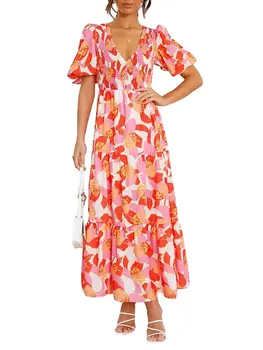 Michellecmm Женское платье с коротким рукавом в цветочек, Повседневное платье трапециевидной формы с рюшами на подоле, вечернее платье для пляжного коктейля, Летняя уличная одежда