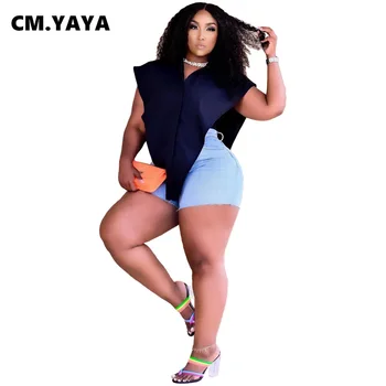 CM.YAYA, Поддельные футболки-двойки для женщин, однотонный отложной воротник, Однобортный топ с коротким рукавом, футболки, Модная Летняя одежда
