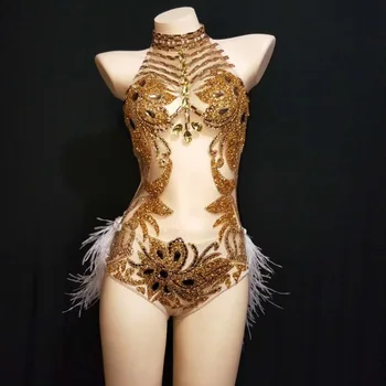 Перспективный Блестящий золотой Страз с перчатками на шее, с открытой спиной, Сексуальное Боди, Перья, Женский сценический костюм, одежда для бара, ди-джея