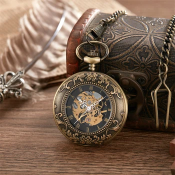 двойные карманные механические часы с открытой крышкой с резным рисунком, механические карманные часы в стиле ретро для сельских мужчин, бронзовые часы