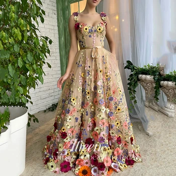 Изысканные платья для выпускного вечера с 3D цветами, вечерние платья Трапециевидной формы на бретелях с цветочным рисунком, вечернее платье с карманами 2023, бальное платье