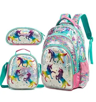 Рюкзак для девочек 3 в 1 с коробкой для ланча, набор сумок для начальной школы, школьный рюкзак с сумкой для ланча, сумка для ручек, школьные сумки с блестками для девочек