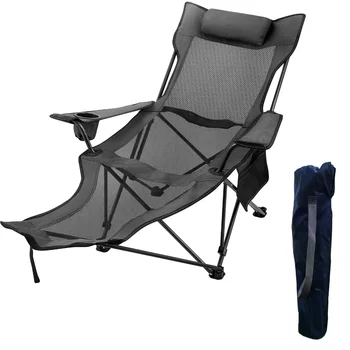 Складной походный стул грузоподъемностью 330 фунтов, с подставкой для ног, Сетчатый шезлонг с подстаканником и сумкой для хранения, серый походный стул