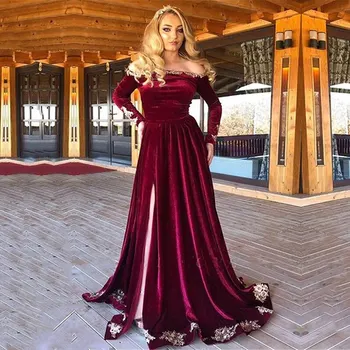 Вечернее платье из бордового велюра с длинными рукавами и разрезом сбоку, Халат для вечеринки, Исламское платье для выпускного вечера в Дубае, Саудовской Аравии, арабском стиле Абайя