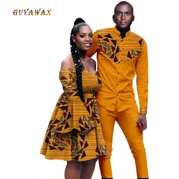 Африканская одежда для пары, африканские женские элегантные сексуальные платья с принтом, комплекты мужских топов, рубашек и брюк от Bazin 